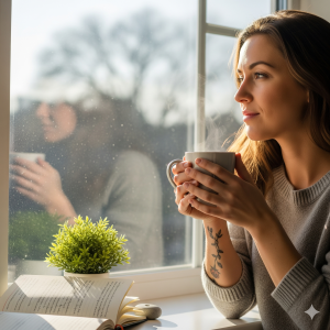 Mujer en calma tomando café frente a ventana, símbolo de crecimiento personal y autocuidado emocional