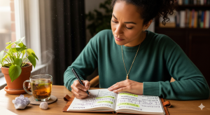 Mujer reflexiva con cuaderno, planificando desde sus valores y energía emocional