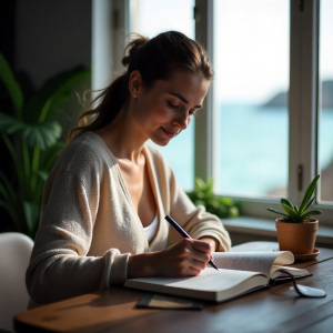 Mujer escribiendo objetivos personales en diario, símbolo de metas auténticas