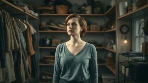 Mujer dejando atrás objetos viejos, símbolo de soltar lo que ya no resuena