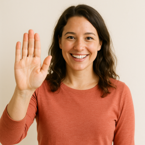 Fotografía de una mujer sonriendo y levantando la mano para hacer el gesto de “stop”, simbolizando límites personales saludables