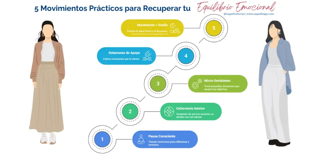 5 movimientos prácticos para recuperar equilibrio emocional: pausa consciente, coherencia interior, micro-decisiones, relaciones de apoyo, movimiento y sueño